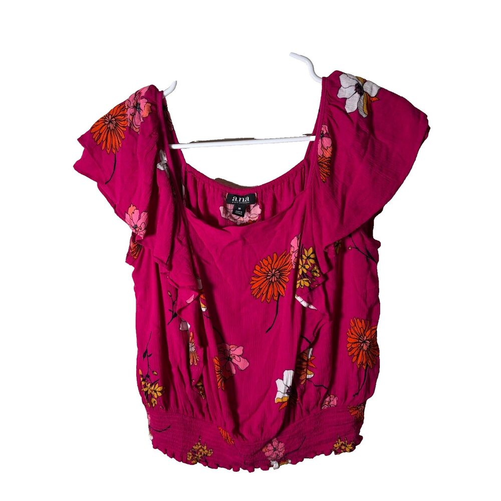 ANA A New Approach Blouse Women's Medium Pink Floral Ruffle Short Sleeve Top